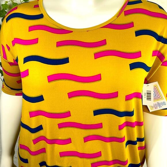 LuLaRoe Irma NWT L Gold Pink Navy Print Hi Low Comfy Stretchy Comfortable Fabric - Picture 2 of 16